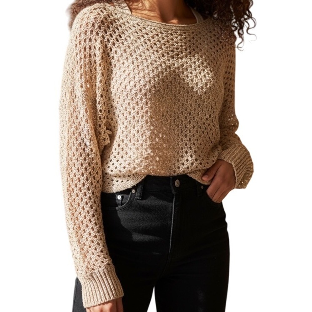EXPRESS Open Knit Dolman Sleeve Crop‎ Sweater Ivory With Gold Threading NWOT XS